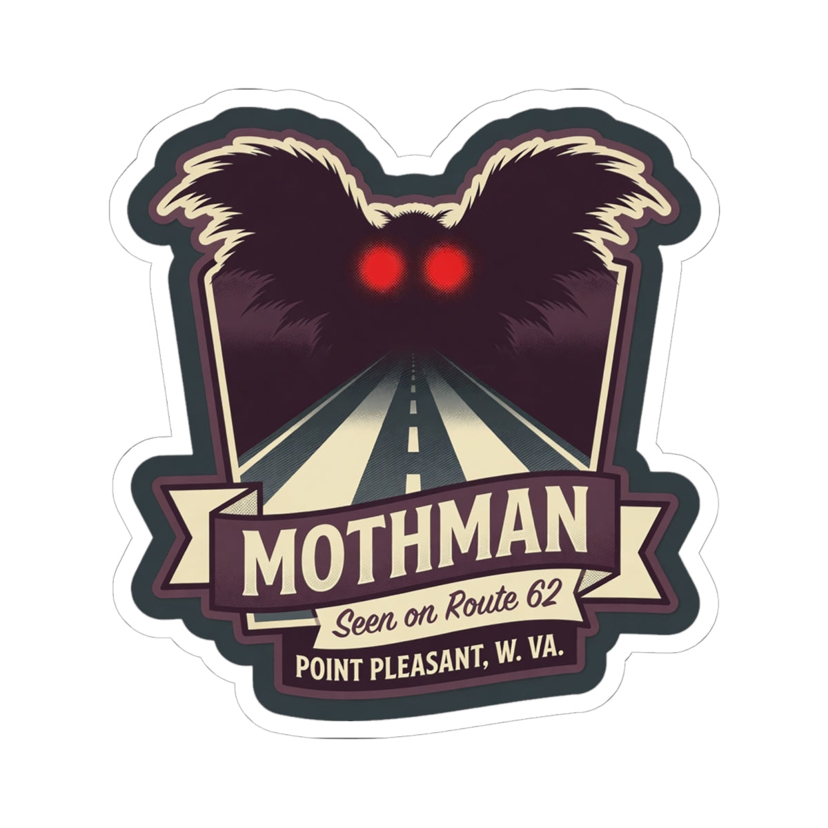 Kiss-cut sticker showing Mothman wings, red eyes, and a Route 62 roadside sign