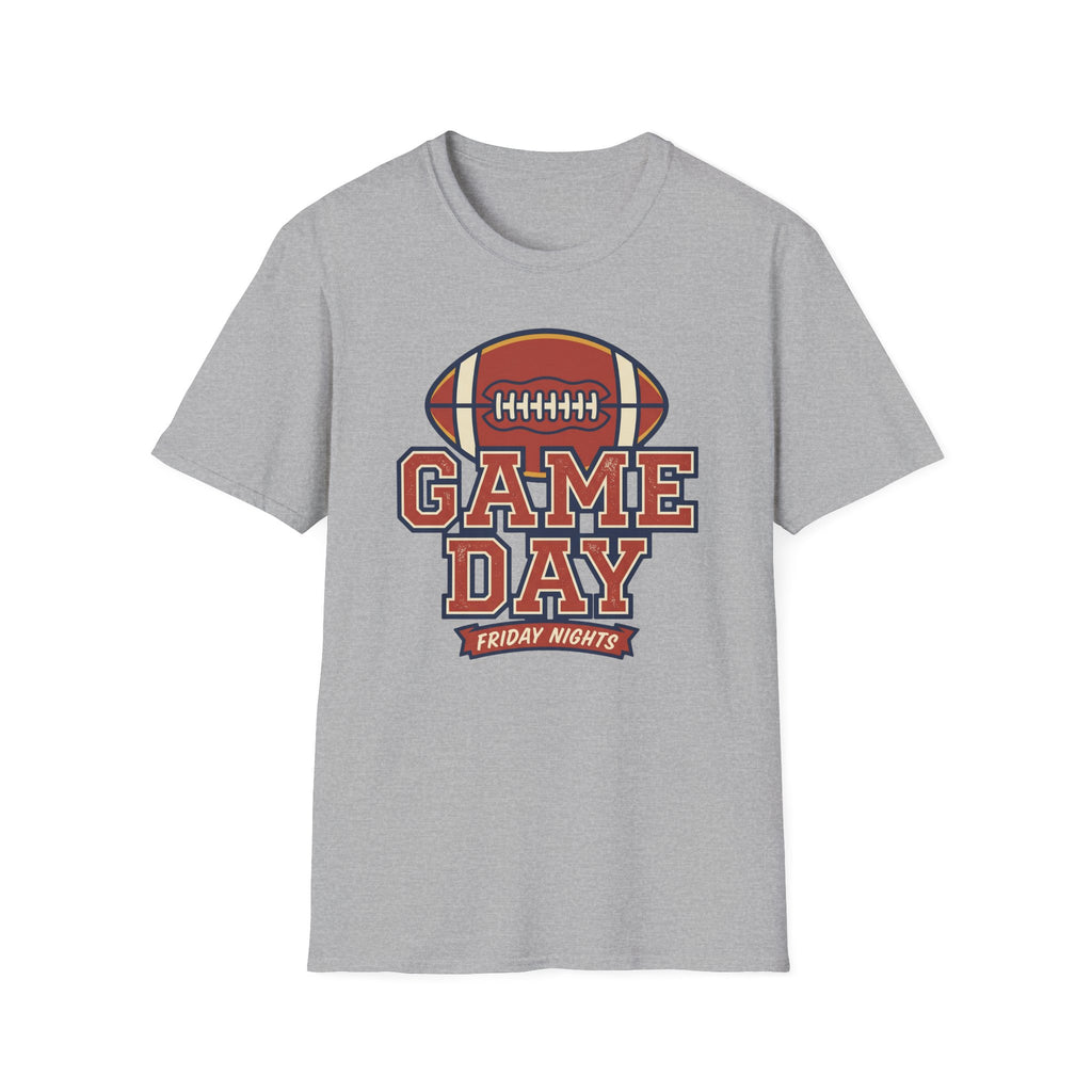 Light gray football t-shirt with “Game Day” graphic and football outline at center