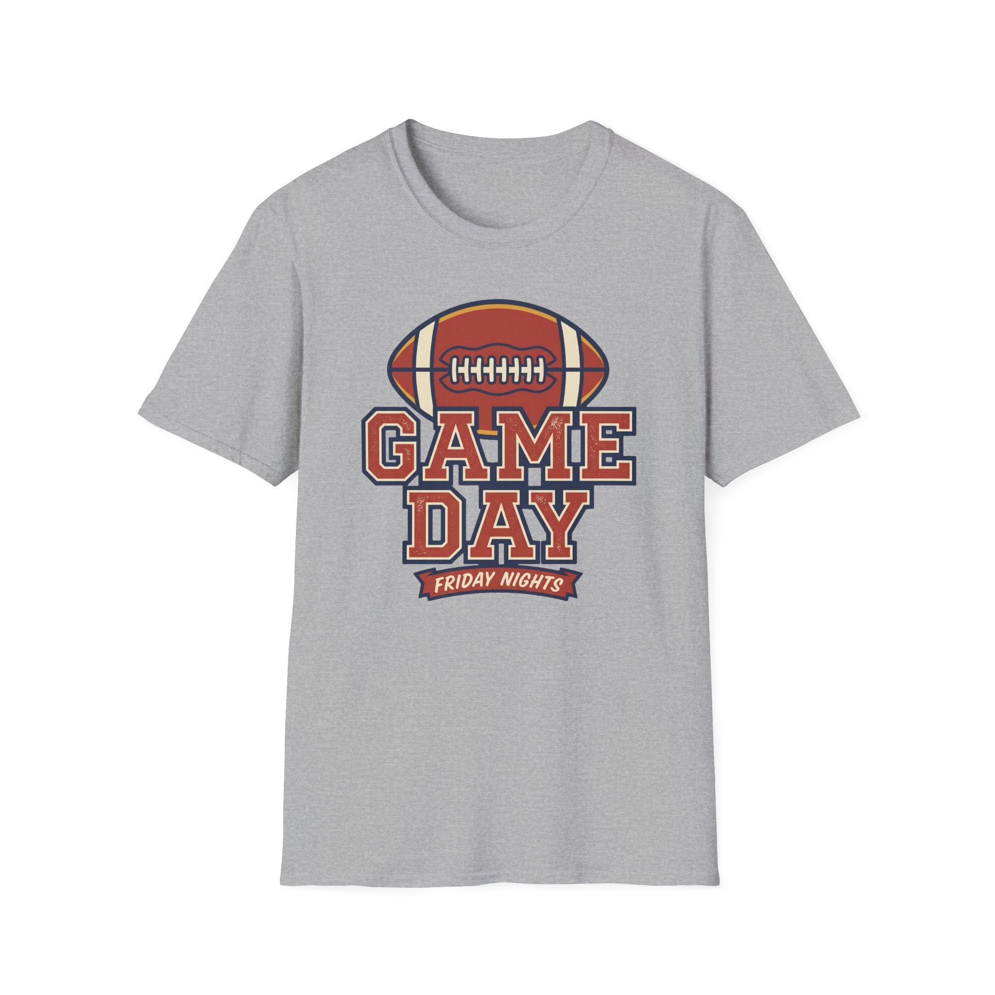 Light gray football t-shirt with “Game Day” graphic and football outline at center