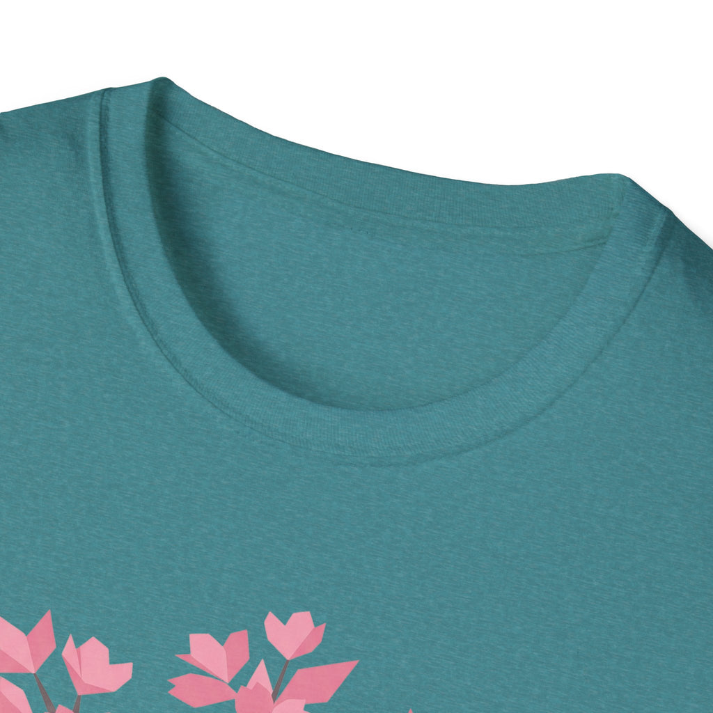 Teal crew neck T-shirt with partial pink cherry blossom graphic at bottom