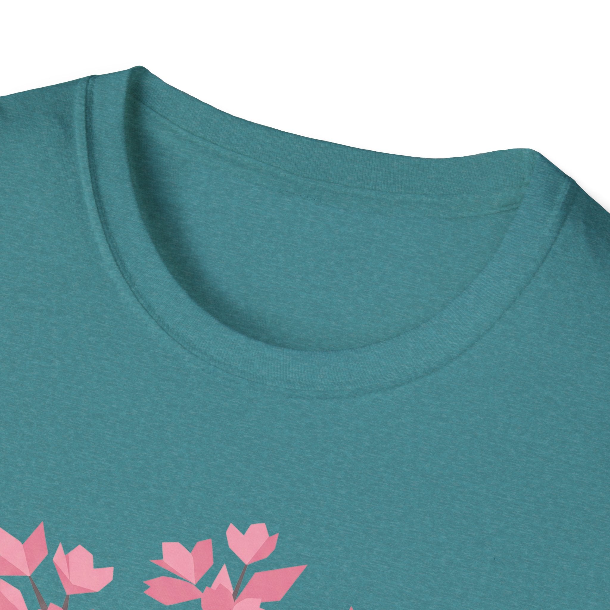 Teal crew neck T-shirt with partial pink cherry blossom graphic at bottom