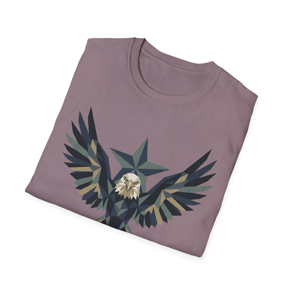 Purple heather T-shirt with geometric eagle and star graphic on chest