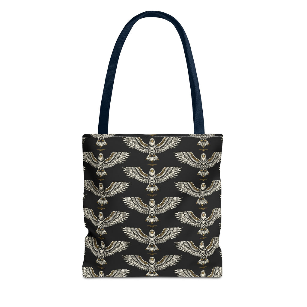 Tote bag with winged scarab pattern, black fabric with gold emblems, navy handles