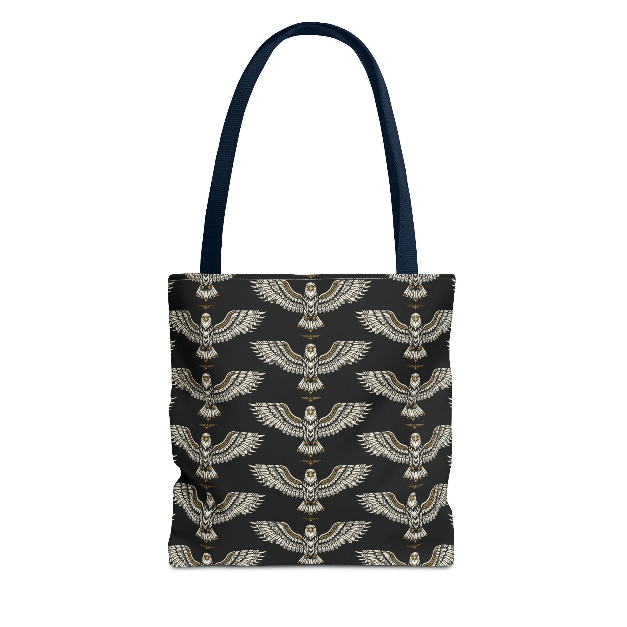 Tote bag with winged scarab pattern, black fabric with gold emblems, navy handles