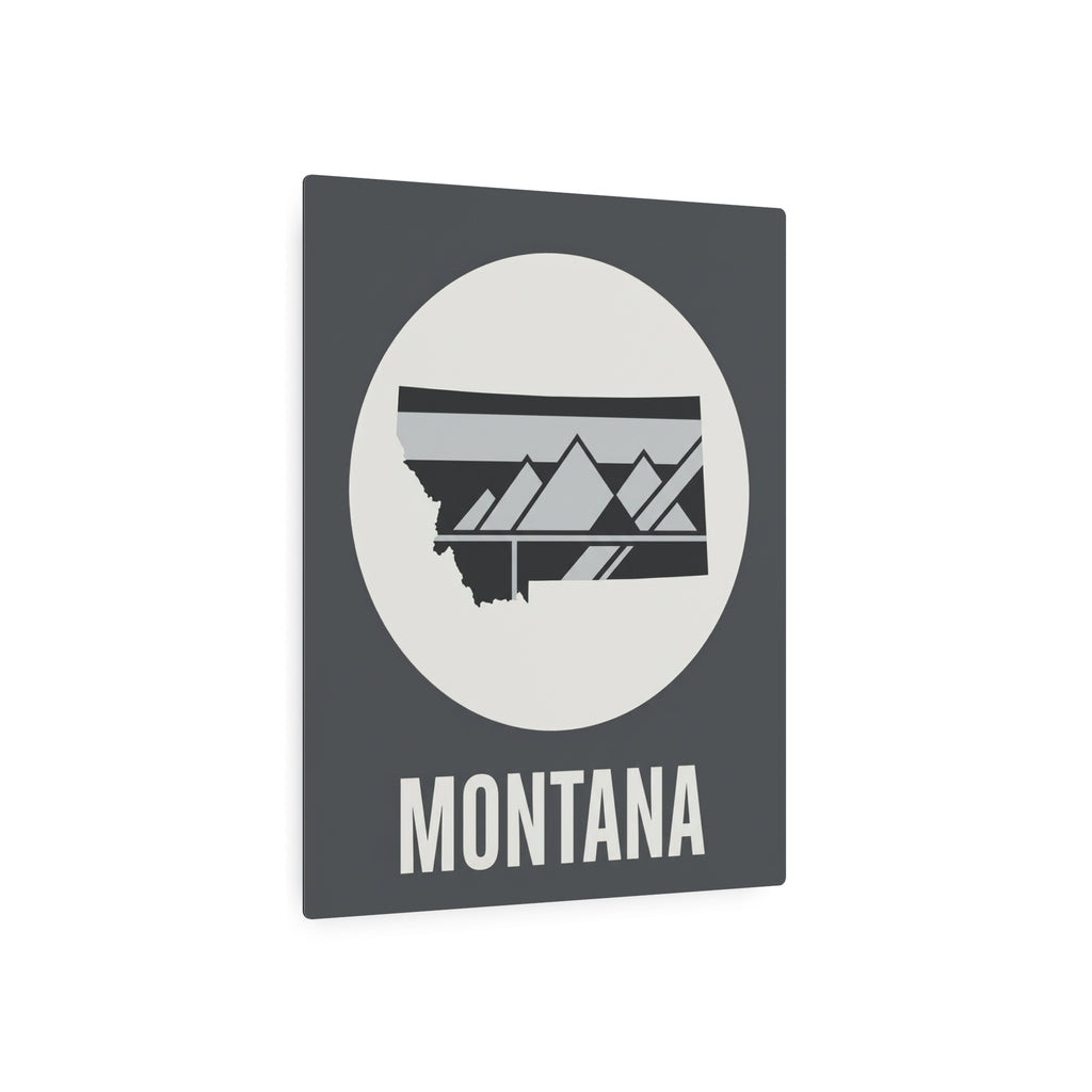 Montana state metal art sign with dark gray frame, circular mountain silhouette, and “MONTANA”