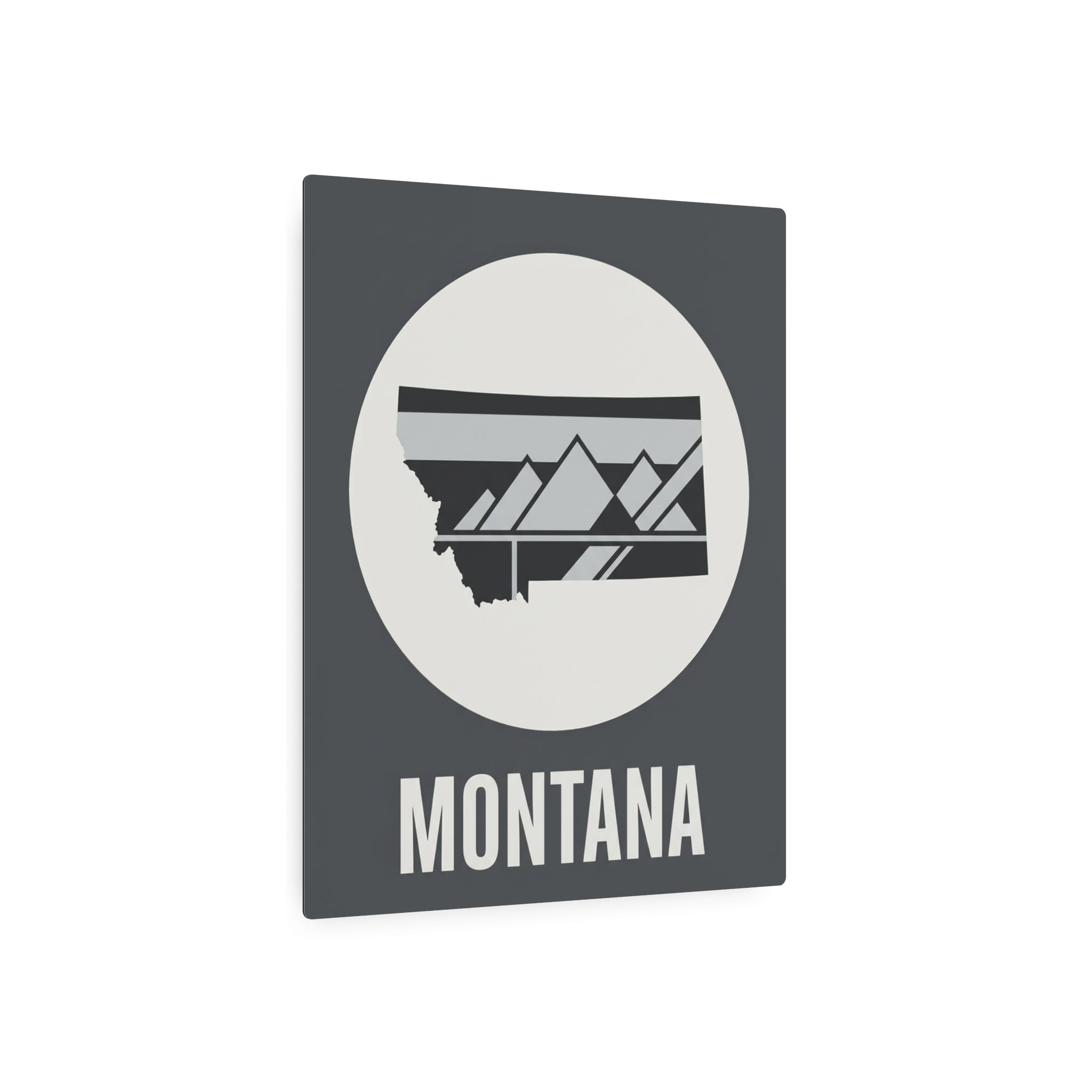 Montana state metal art sign with dark gray frame, circular mountain silhouette, and “MONTANA”