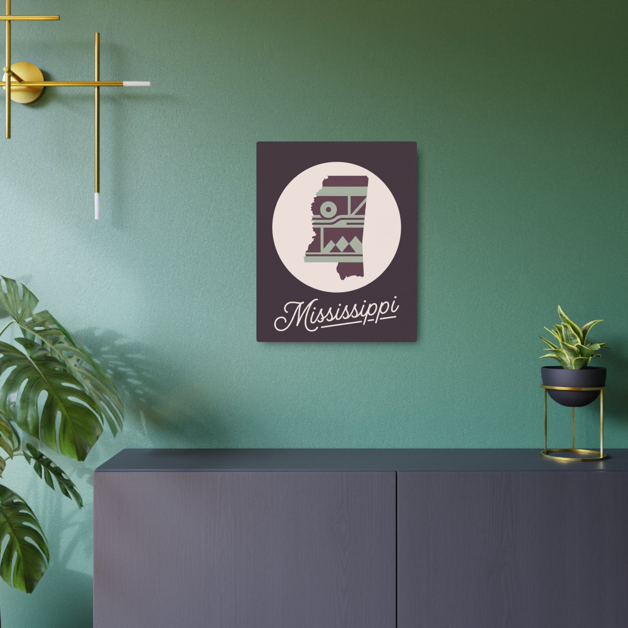 Centered metal wall art in plum with white circular emblem, sage Southwest pattern, Mississippi