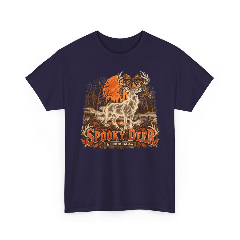 Navy T-shirt with orange ghost deer hunting graphic on chest