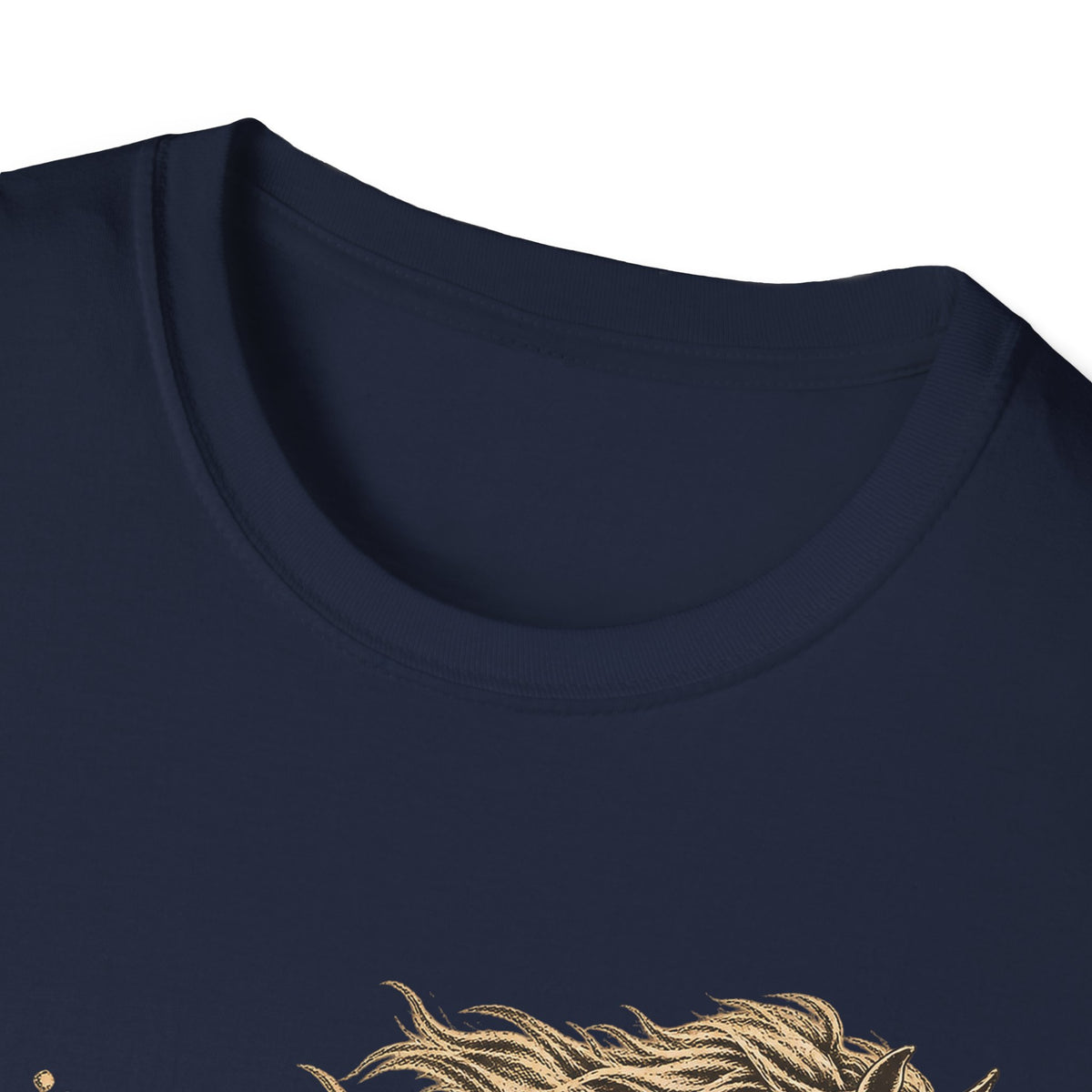 Navy crew-neck T-shirt with partial gold running horse graphic