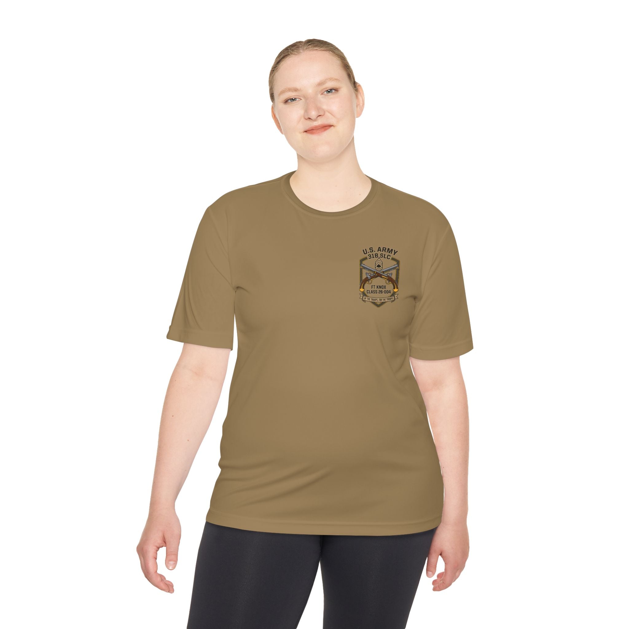 Women's coyote brown crewneck T-shirt with U.S. Army chest badge graphic