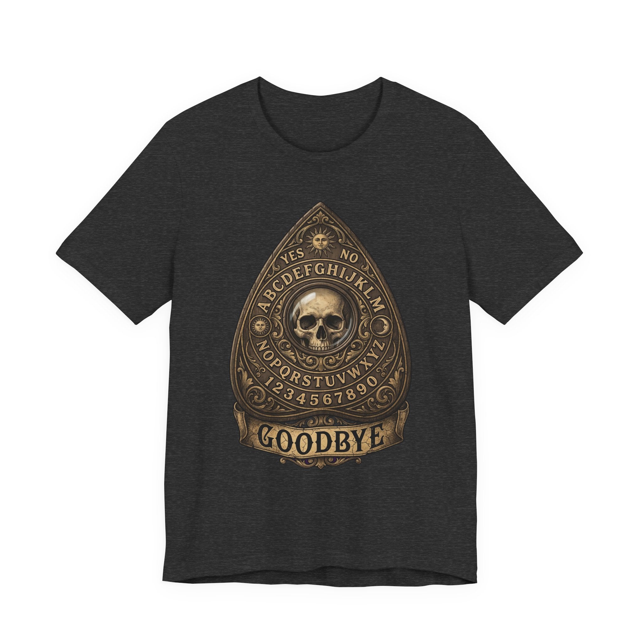 Ouija planchette skull T-shirt, dark heather gray fabric, gold “GOODBYE” emblem front