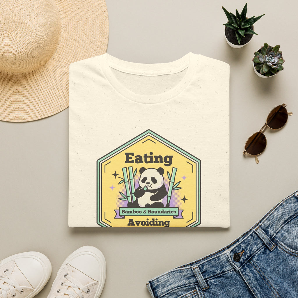 White unisex T-shirt with panda “Avoiding” graphic on the front
