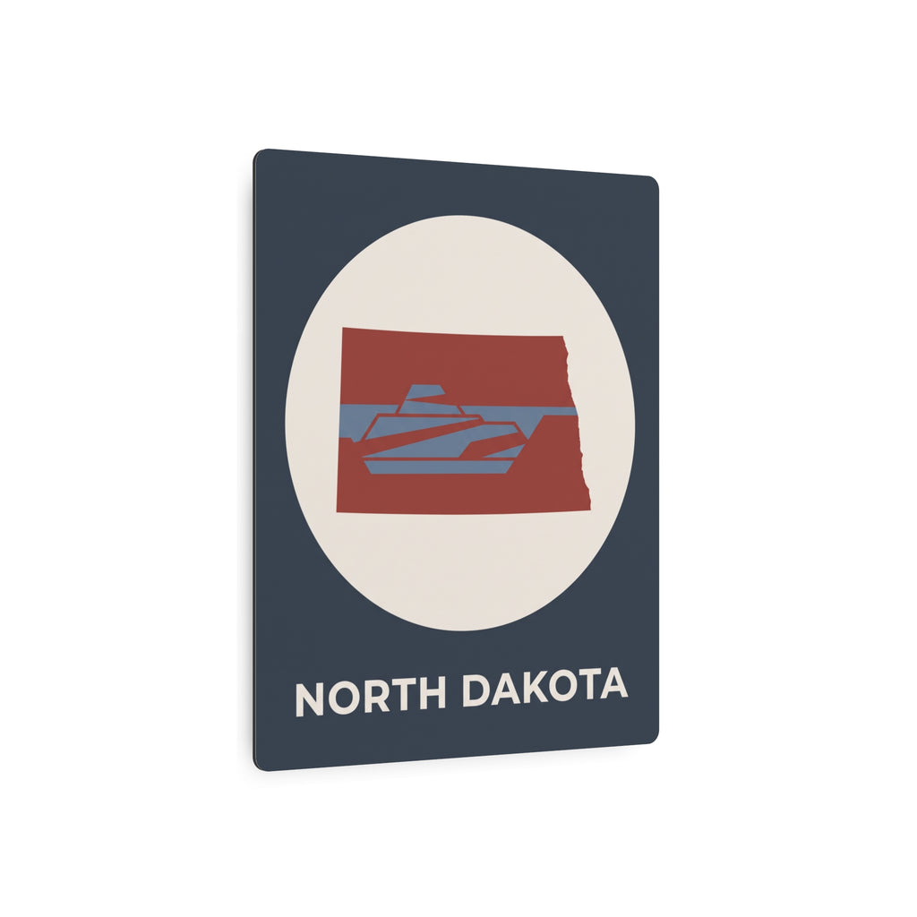 North Dakota metal wall sign with oval logo, red state graphic, and “NORTH DAKOTA” text