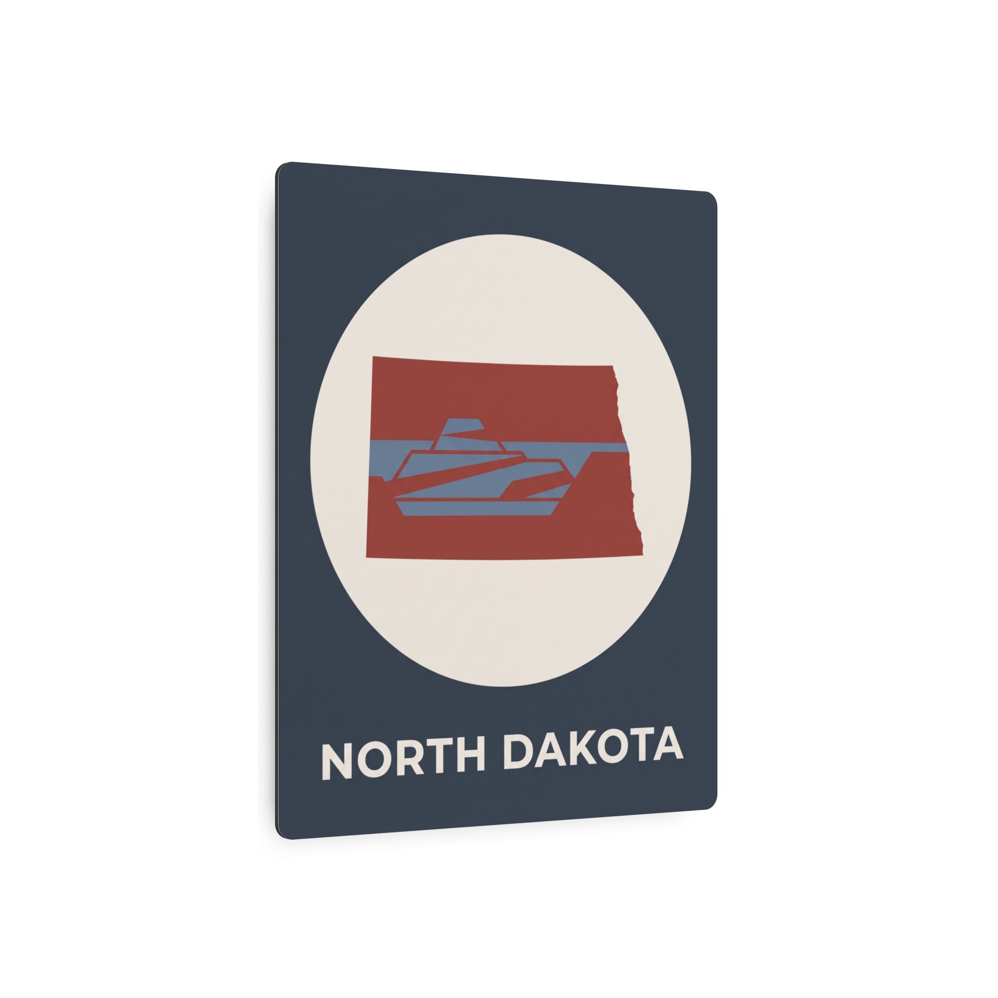 North Dakota metal wall sign with oval logo, red state graphic, and “NORTH DAKOTA” text