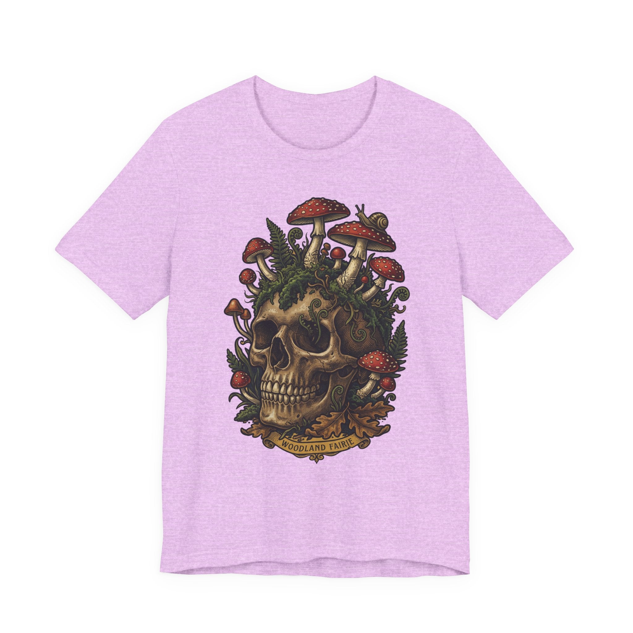 Mushroom skull T-shirt in Mauve with dark botanical skull and mushroom illustration