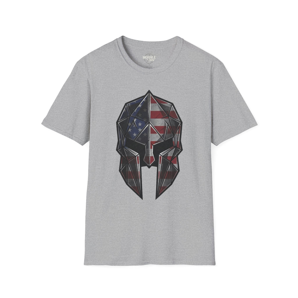 American Flag Spartan Helmet T-Shirt, sport grey with patriotic eagle skull geometric print