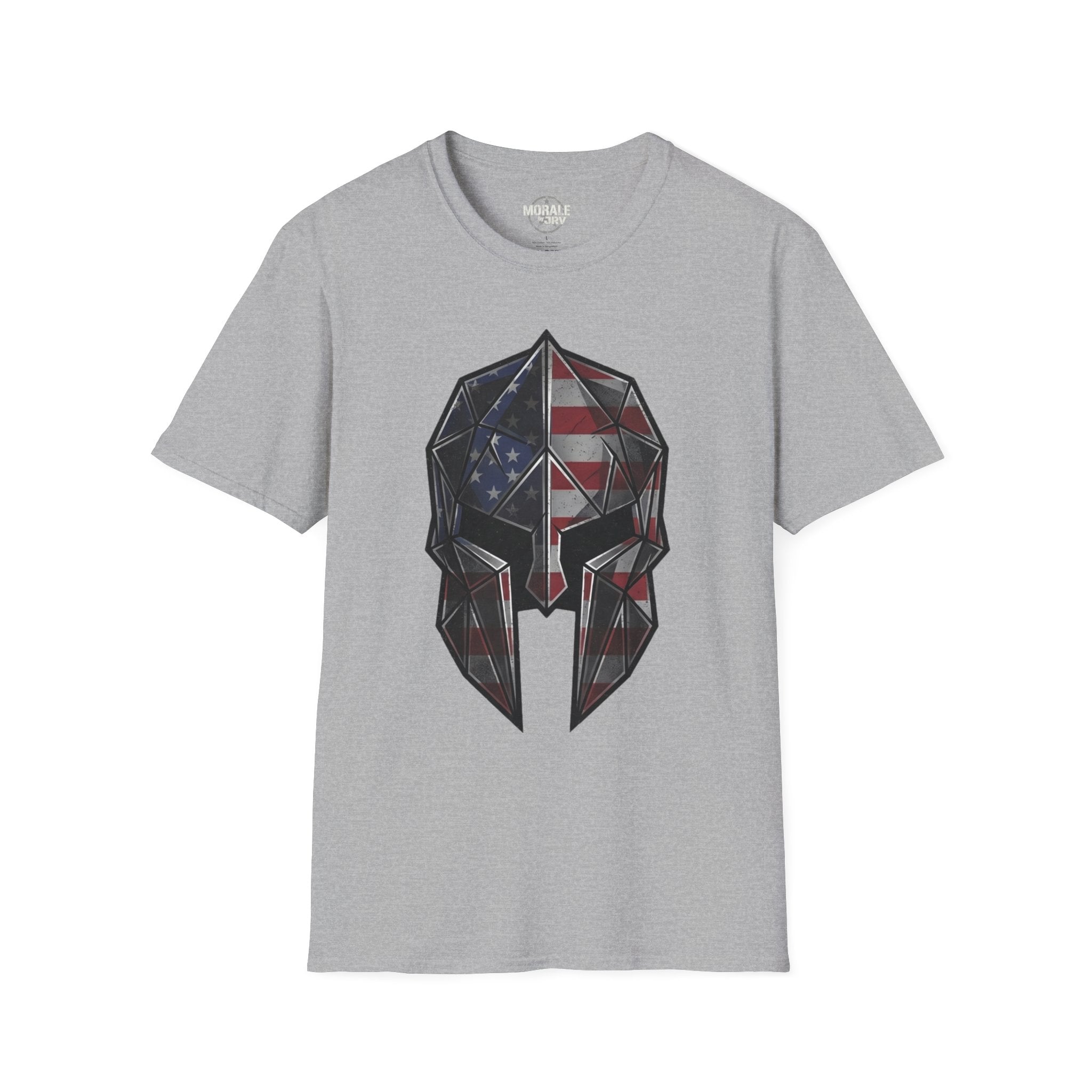 American Flag Spartan Helmet T-Shirt, sport grey with patriotic eagle skull geometric print