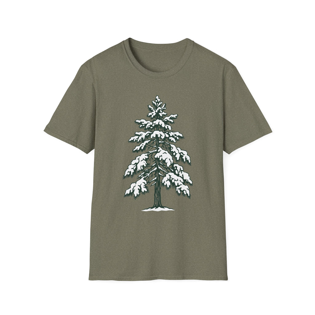 Snowy pine tree graphic T-shirt, military green with snow print
