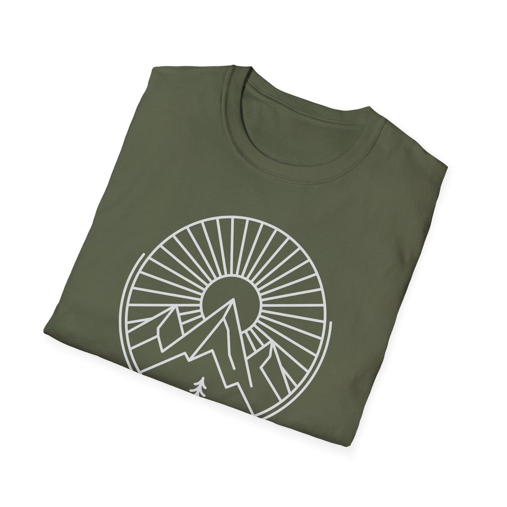 Military green unisex T-shirt with white mountain sunrise emblem and tree icon.