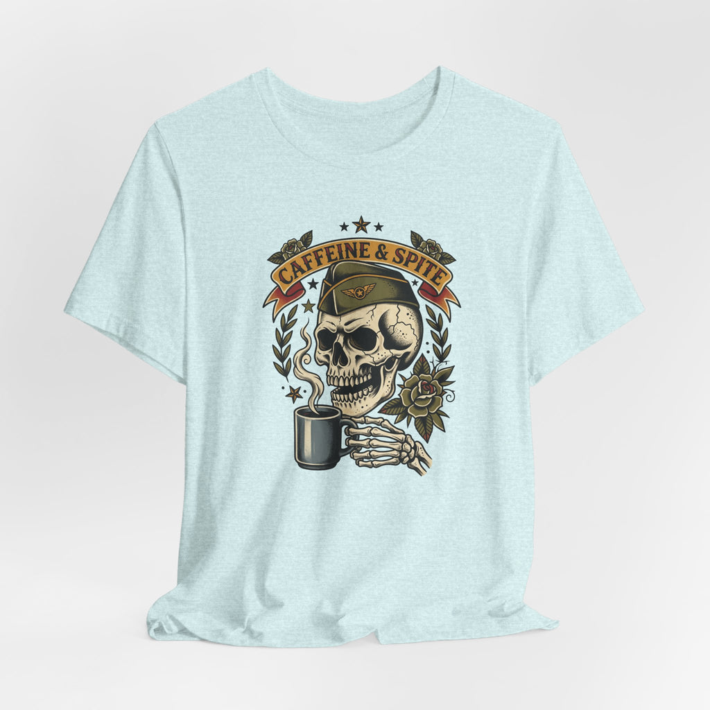 Light aqua T-shirt with skull, coffee cup, and “Caffeine & Spite” crest graphic