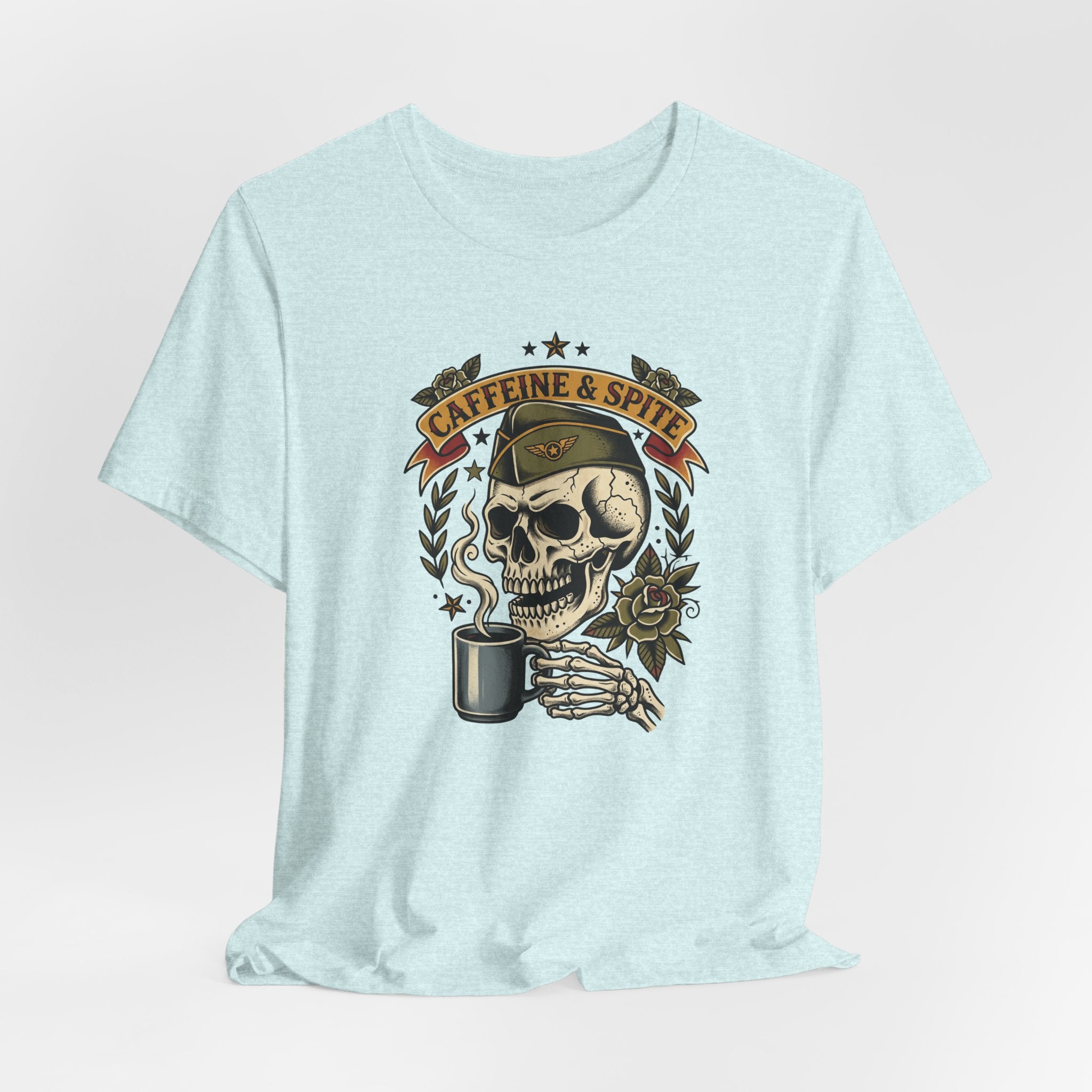 Light aqua T-shirt with skull, coffee cup, and “Caffeine & Spite” crest graphic