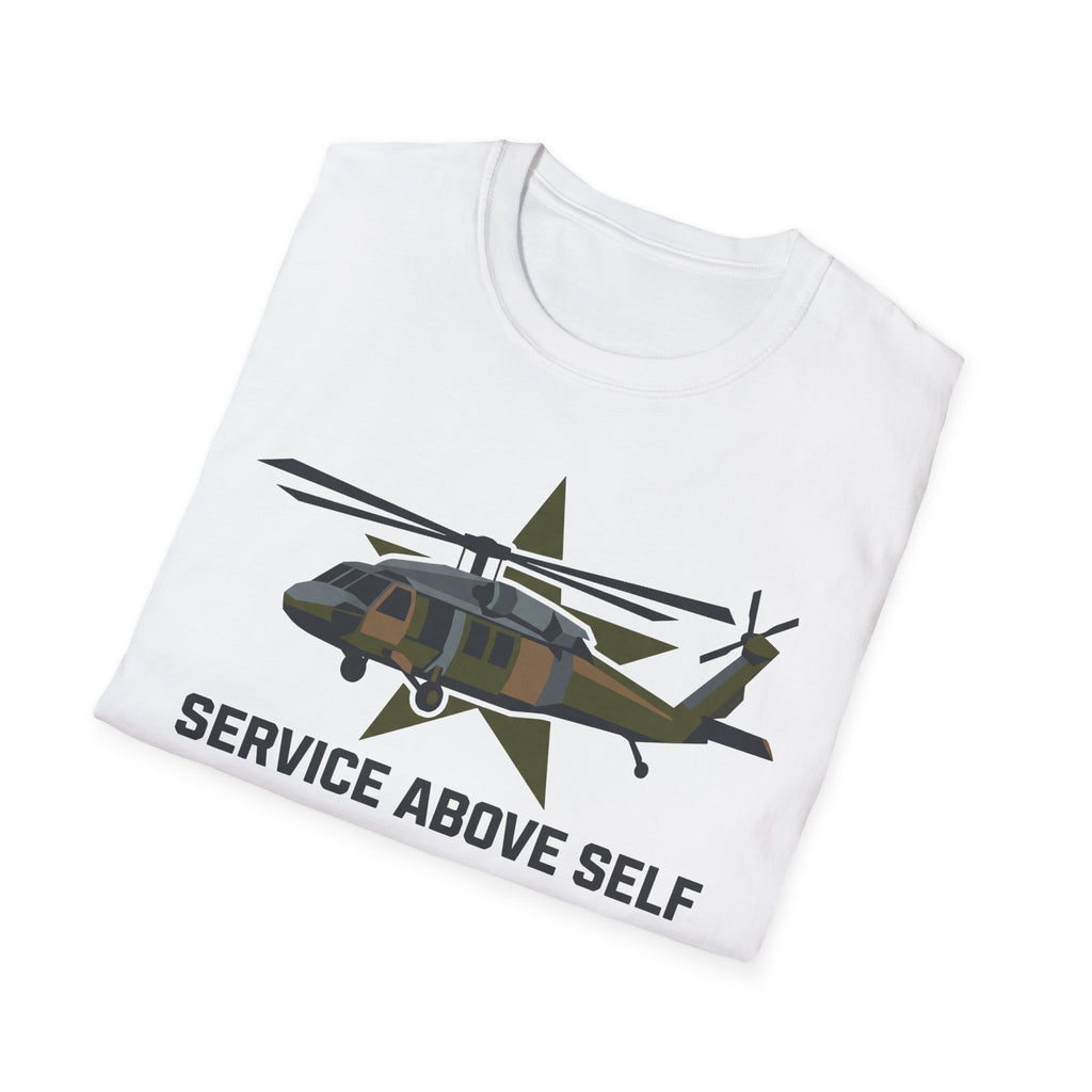 White crewneck t-shirt with camo helicopter graphic and 'Service Above Self' text