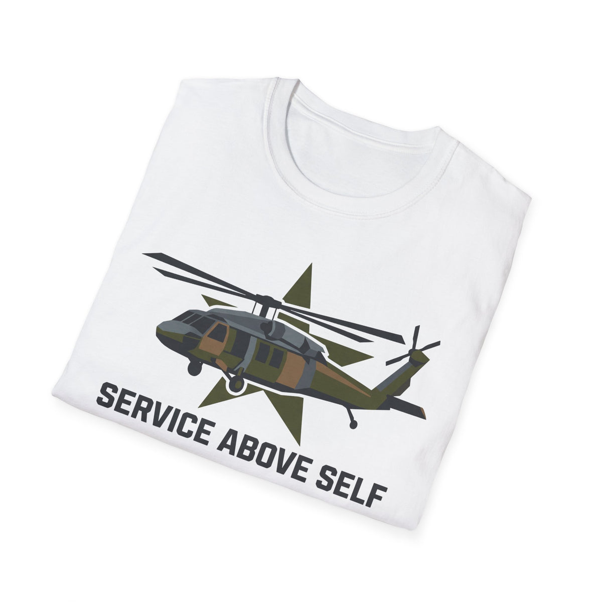 White crewneck t-shirt with camo helicopter graphic and 'Service Above Self' text