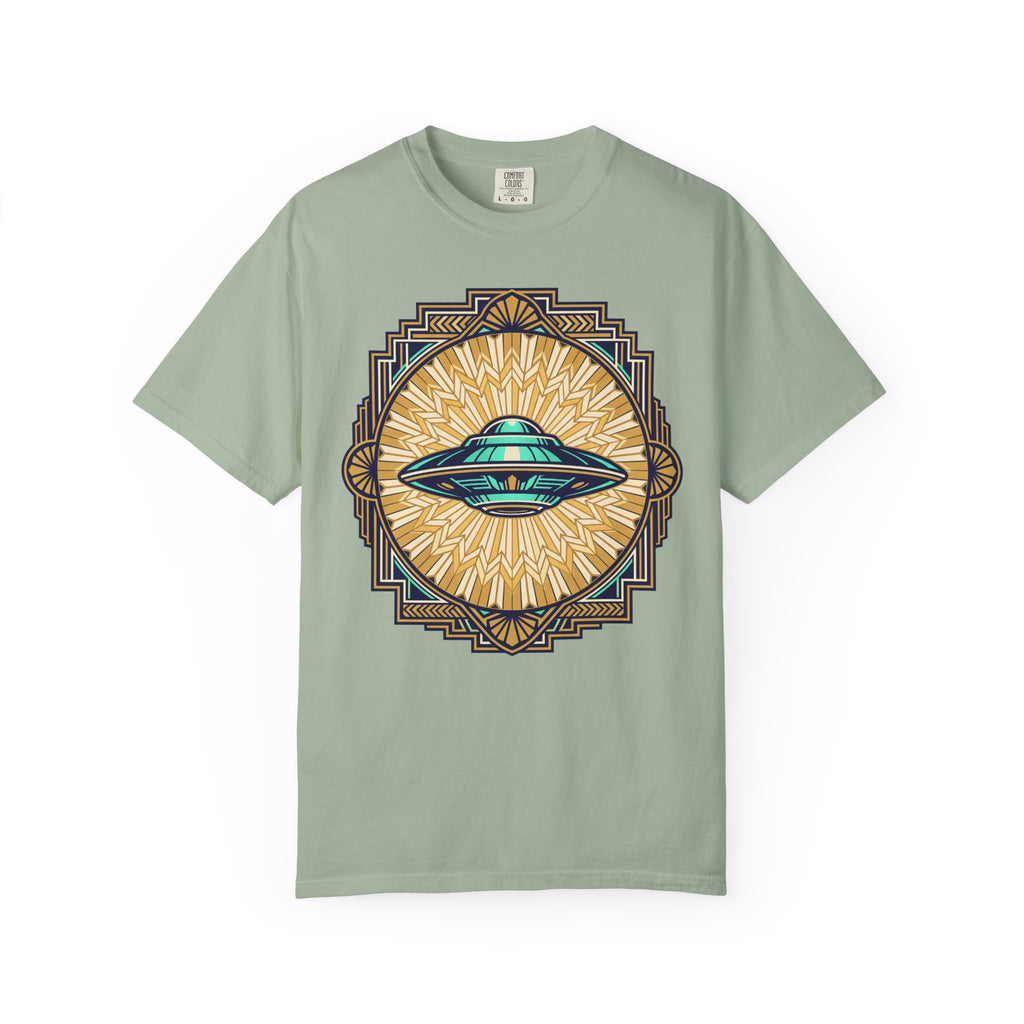 Sage green T-shirt with central UFO graphic in blue and gold sunburst design
