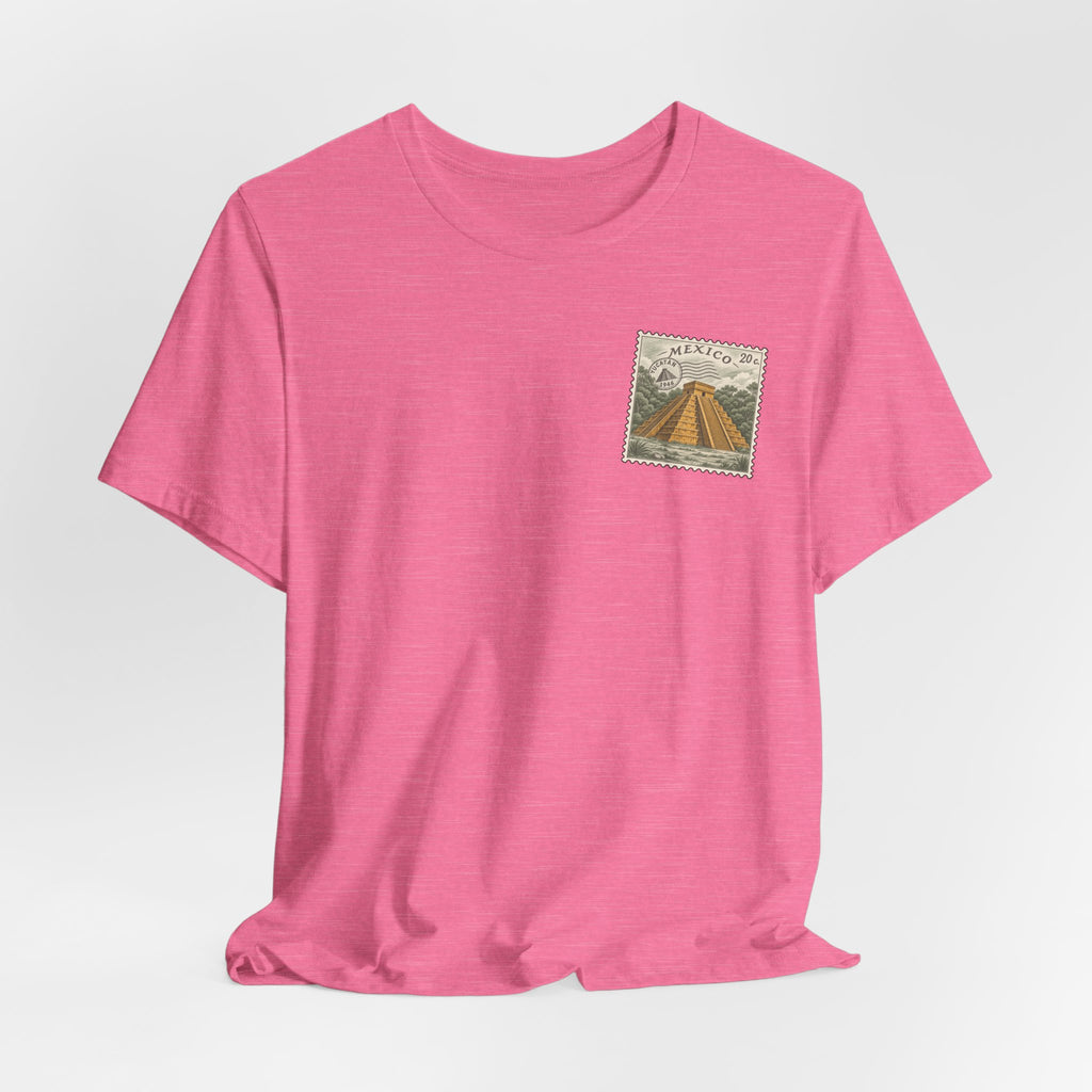 Pink T-shirt with small Mexico 20 postage stamp graphic on left chest