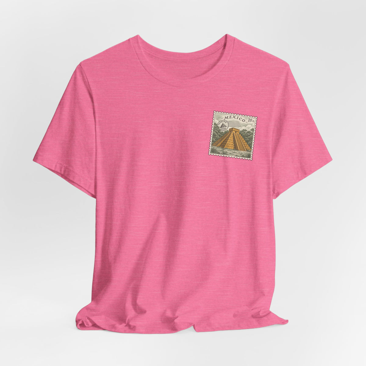 Pink T-shirt with small Mexico 20 postage stamp graphic on left chest