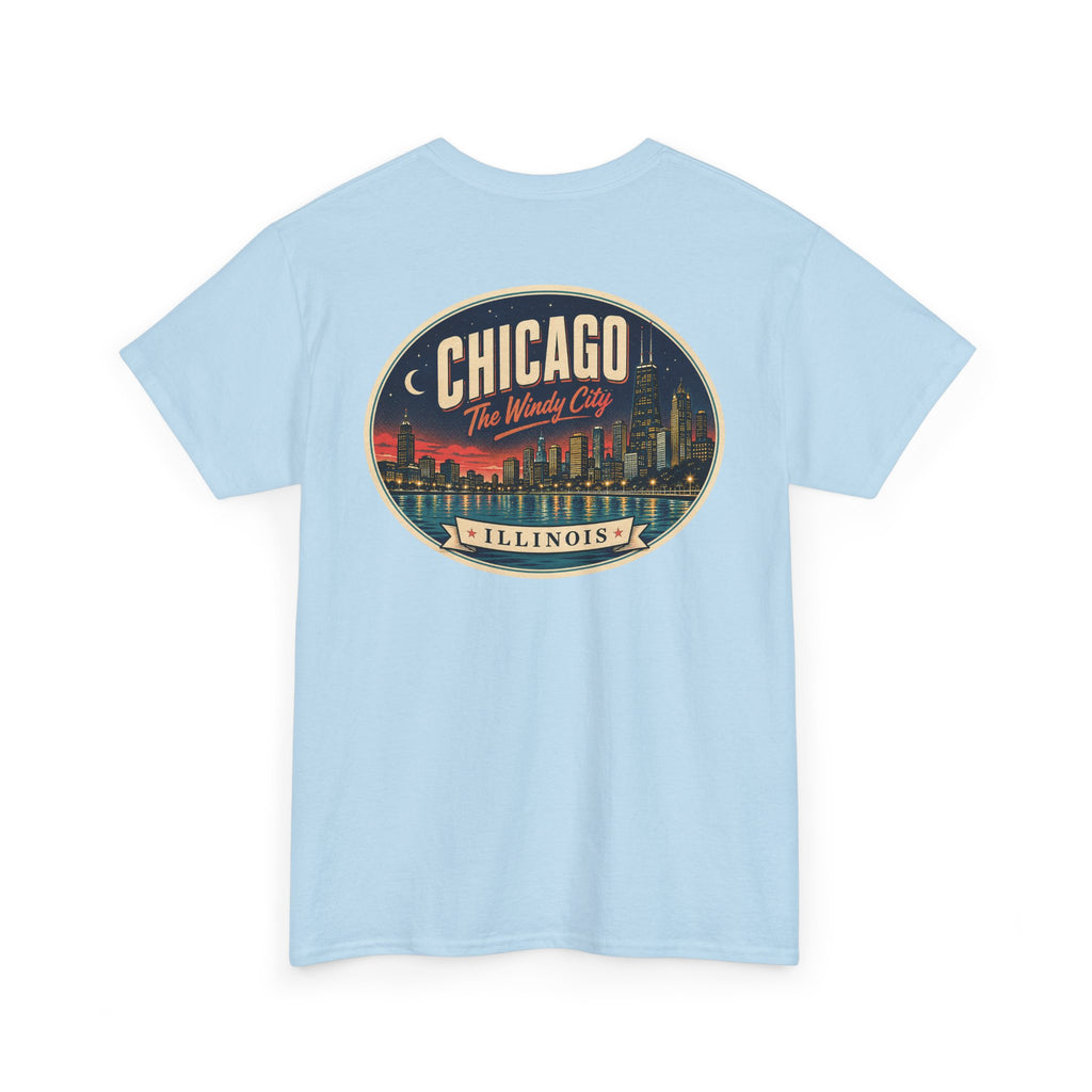 Light blue crew-neck T-shirt with large round Chicago city badge graphic