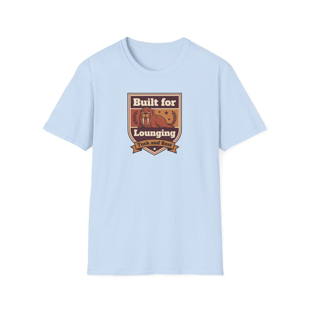 Light blue short-sleeve T-shirt with walrus logo graphic on chest