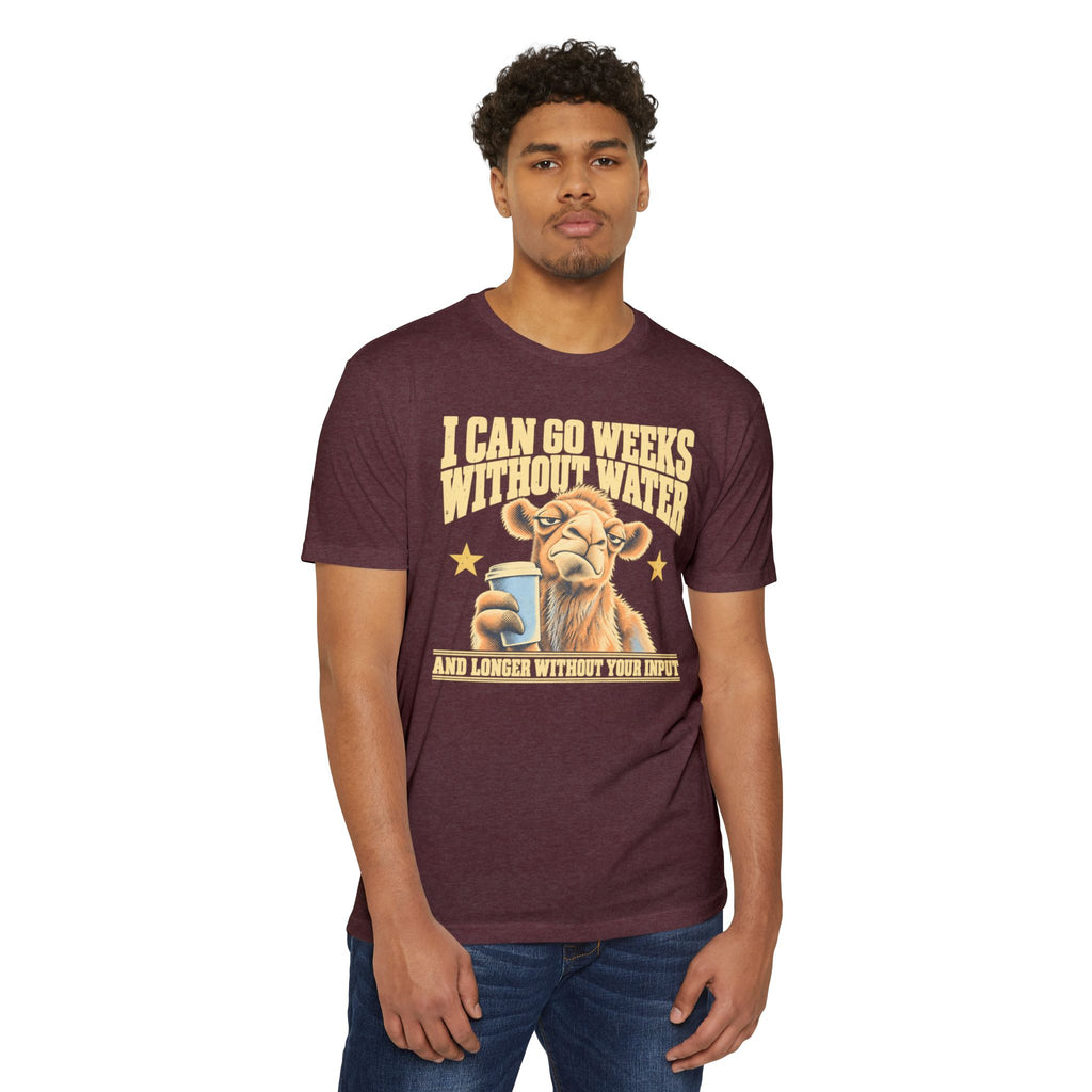 Maroon short-sleeve T-shirt with coffee dog graphic and slogan on front