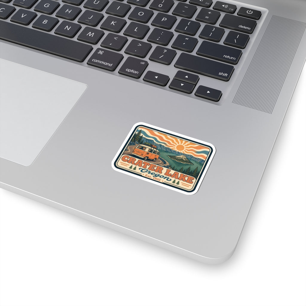 Vintage Crater Lake National Park sticker with scenic lake and sun, kiss-cut border