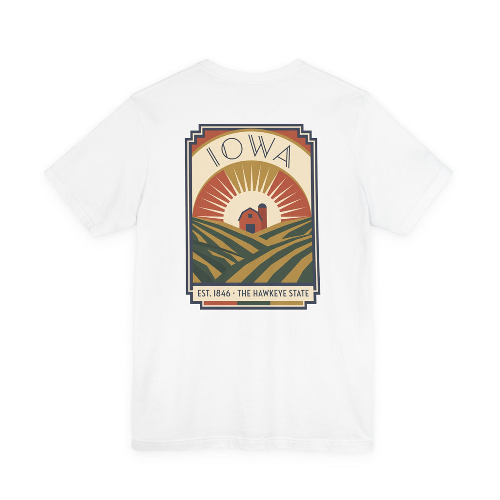 White graphic t-shirt with large back Iowa scene emblem in square frame.