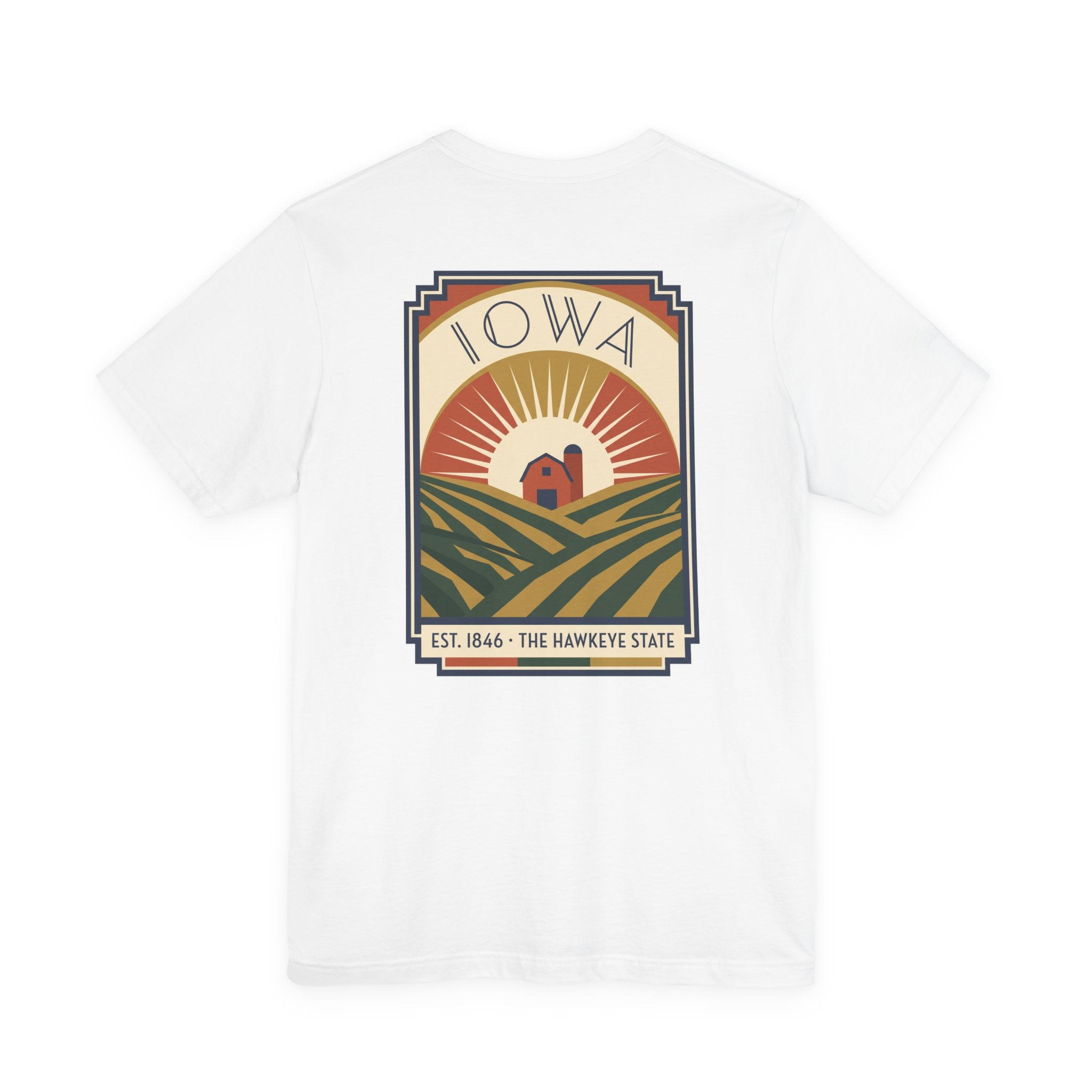 White graphic t-shirt with large back Iowa scene emblem in square frame.