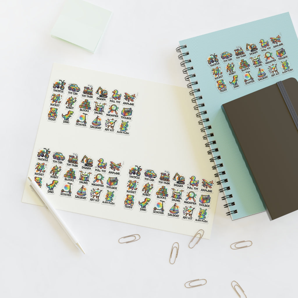 Toy icon sticker sheet, die-cut toy labels on light paper