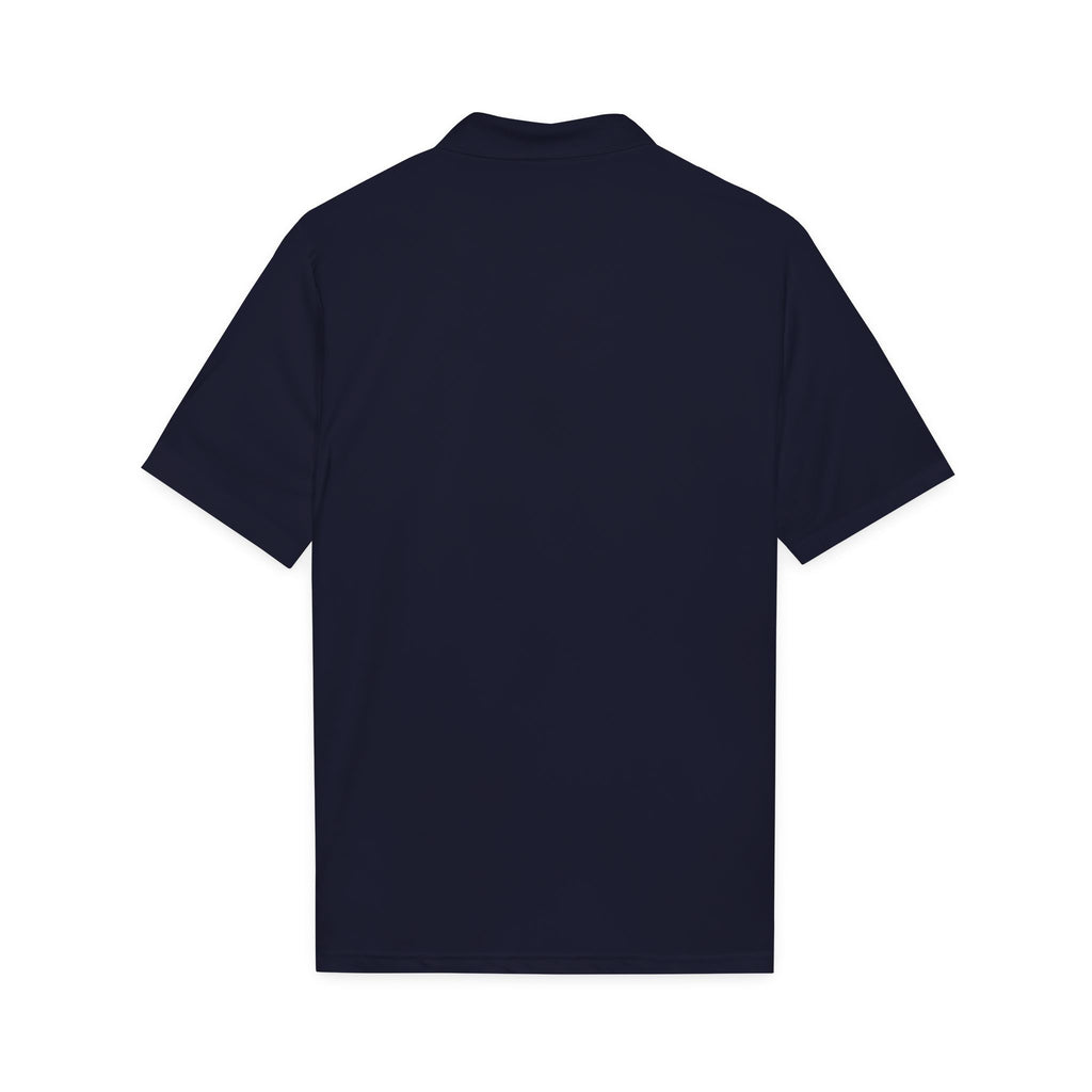 Navy polyester polo shirt with ribbed collar and short sleeves, back view