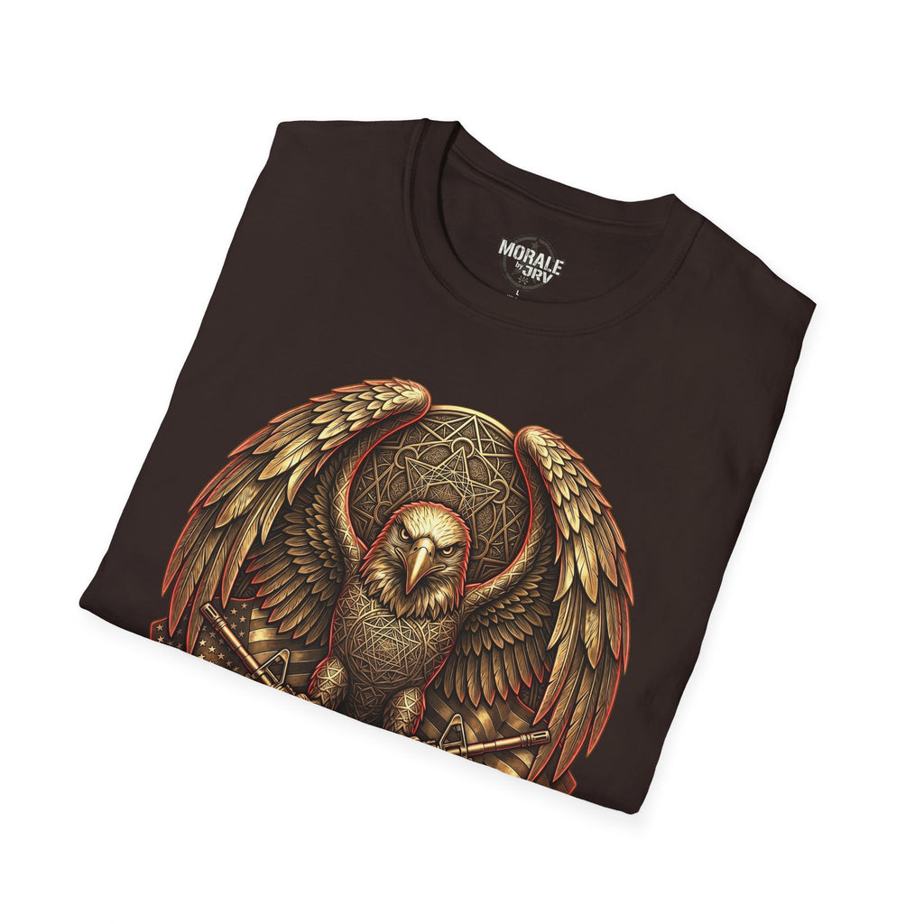 Dark chocolate T-shirt with warrior owl in shield, wings, and crossed axes