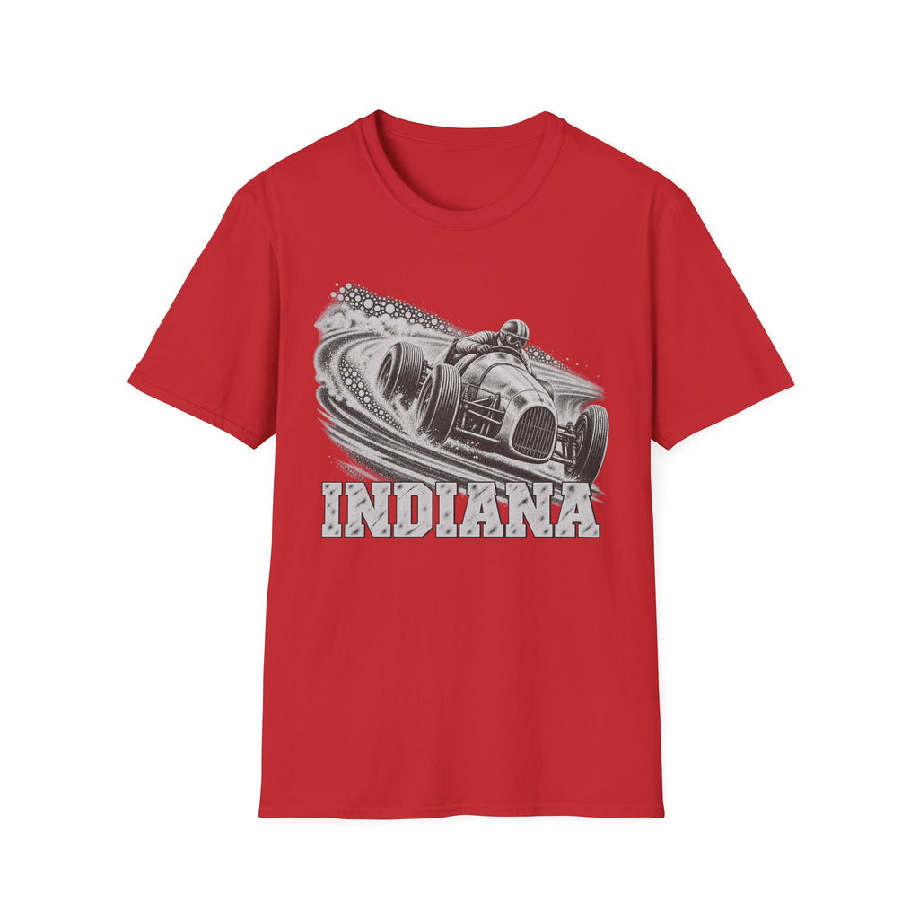Red T-shirt with vintage open-wheel race car and Indiana graphic on chest