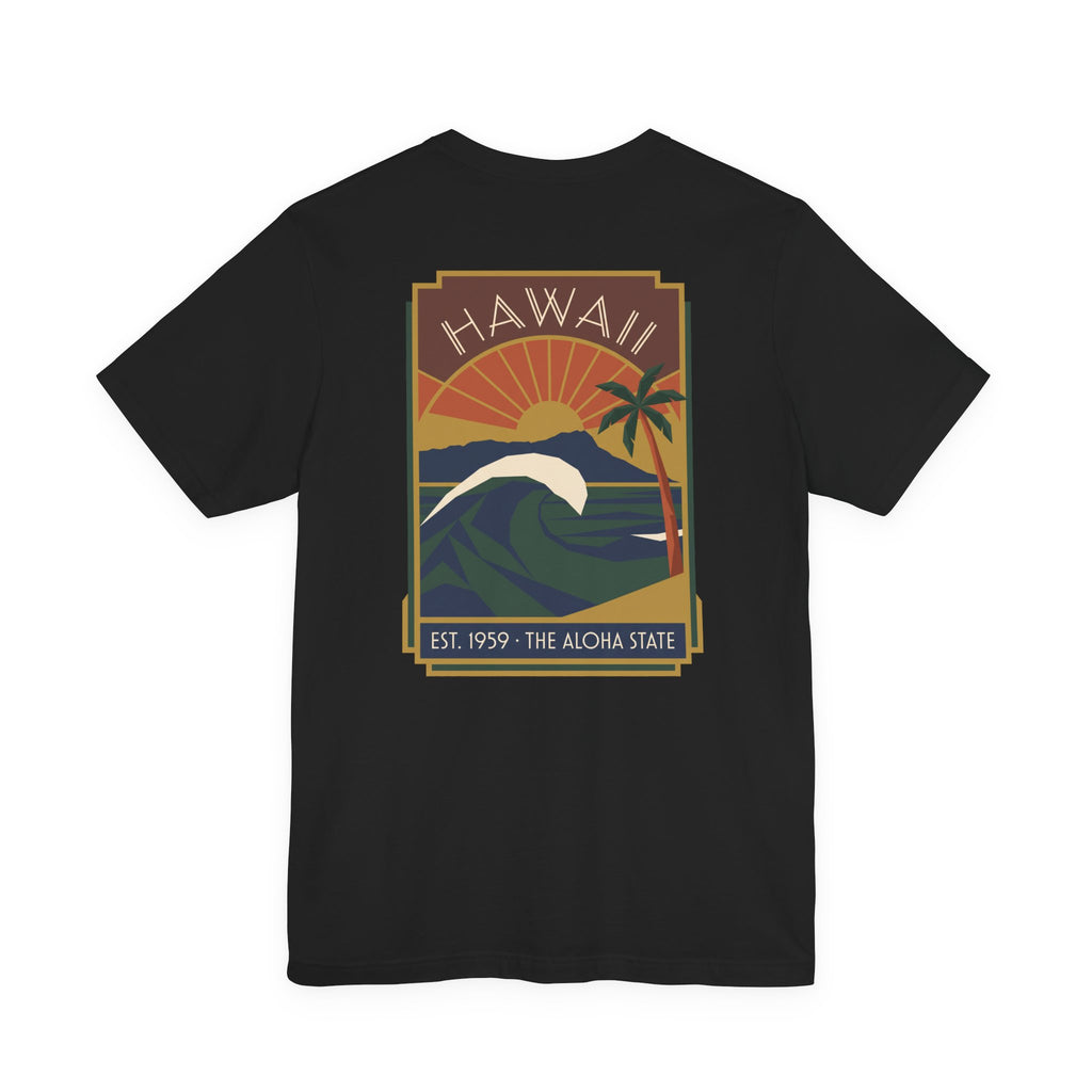 Black T-shirt with vintage Hawaii sunset and wave graphic print