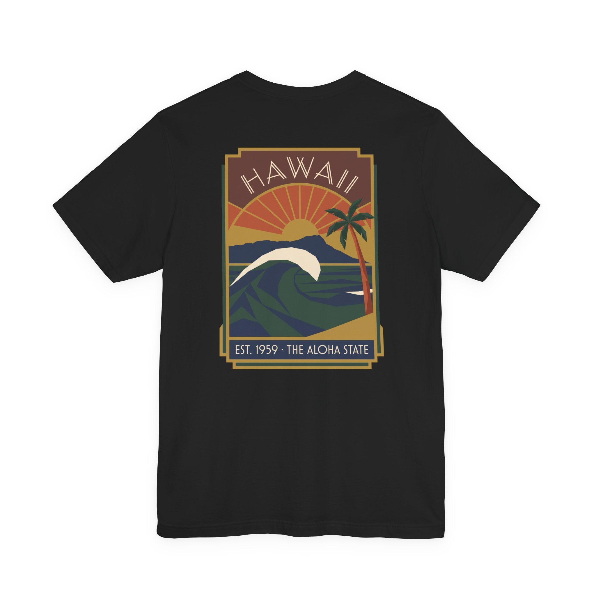 Black T-shirt with vintage Hawaii sunset and wave graphic print
