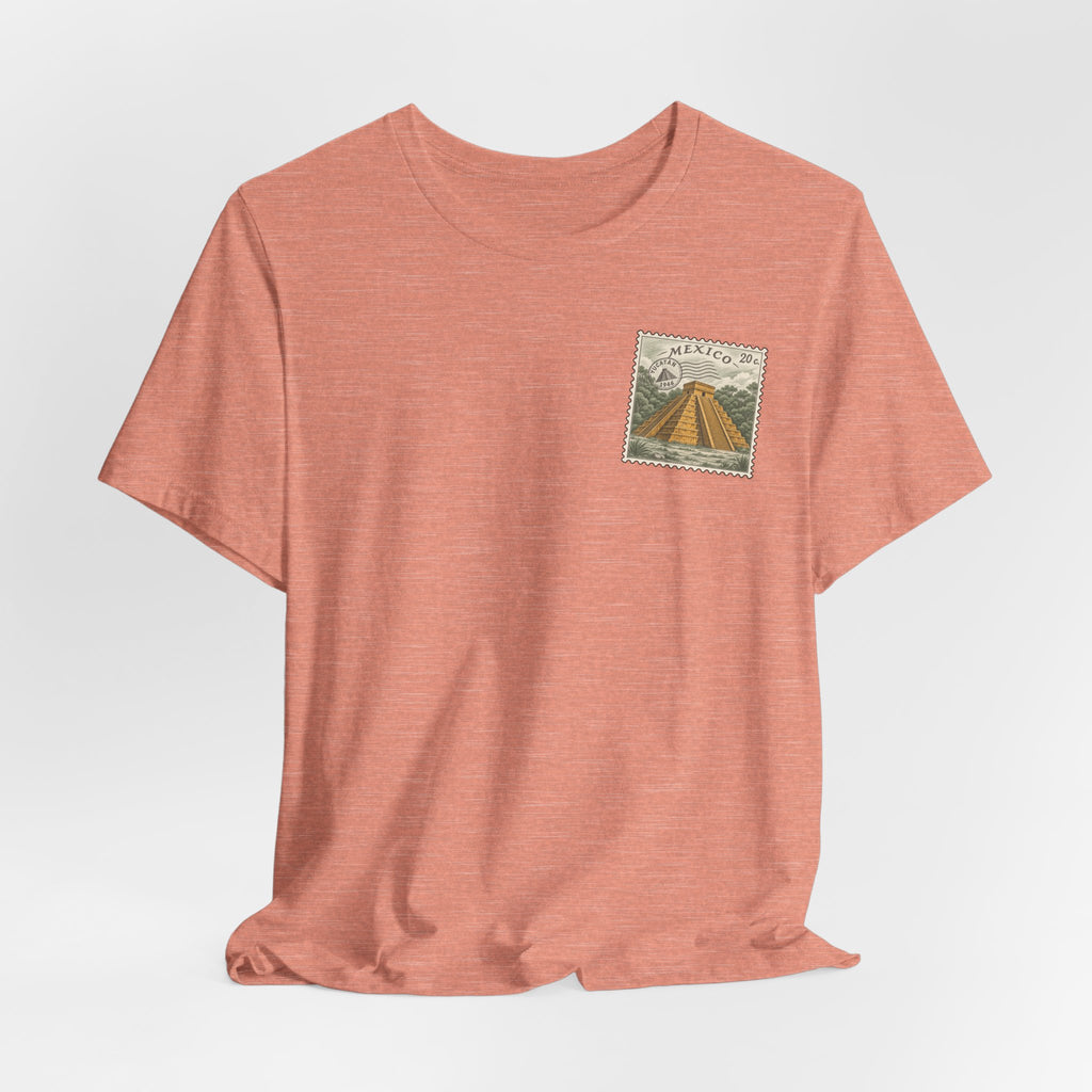 Rust orange crew-neck T-shirt with Mexico postage stamp graphic on chest