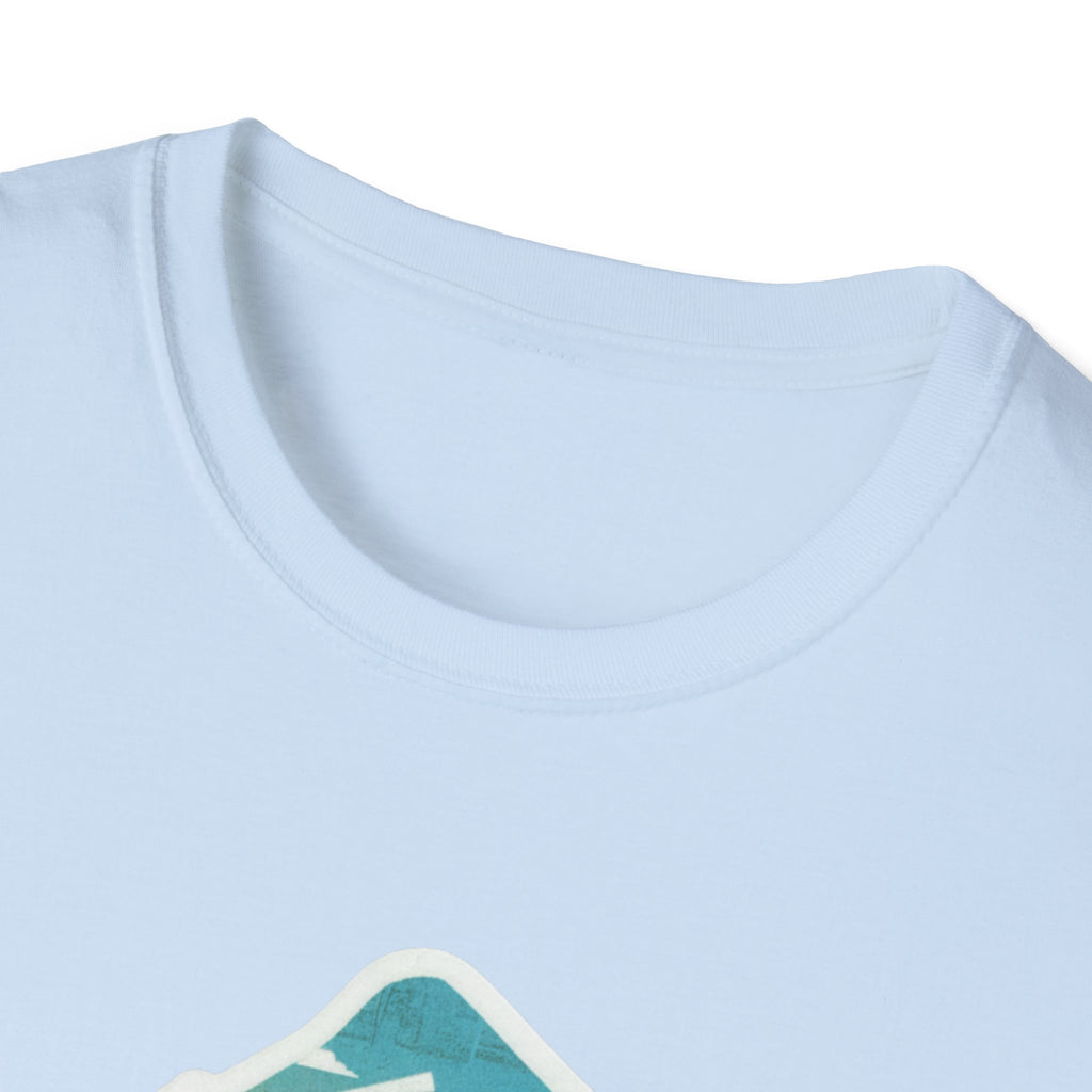 Light blue T-shirt crew neck with partial colorful graphic at the chest.