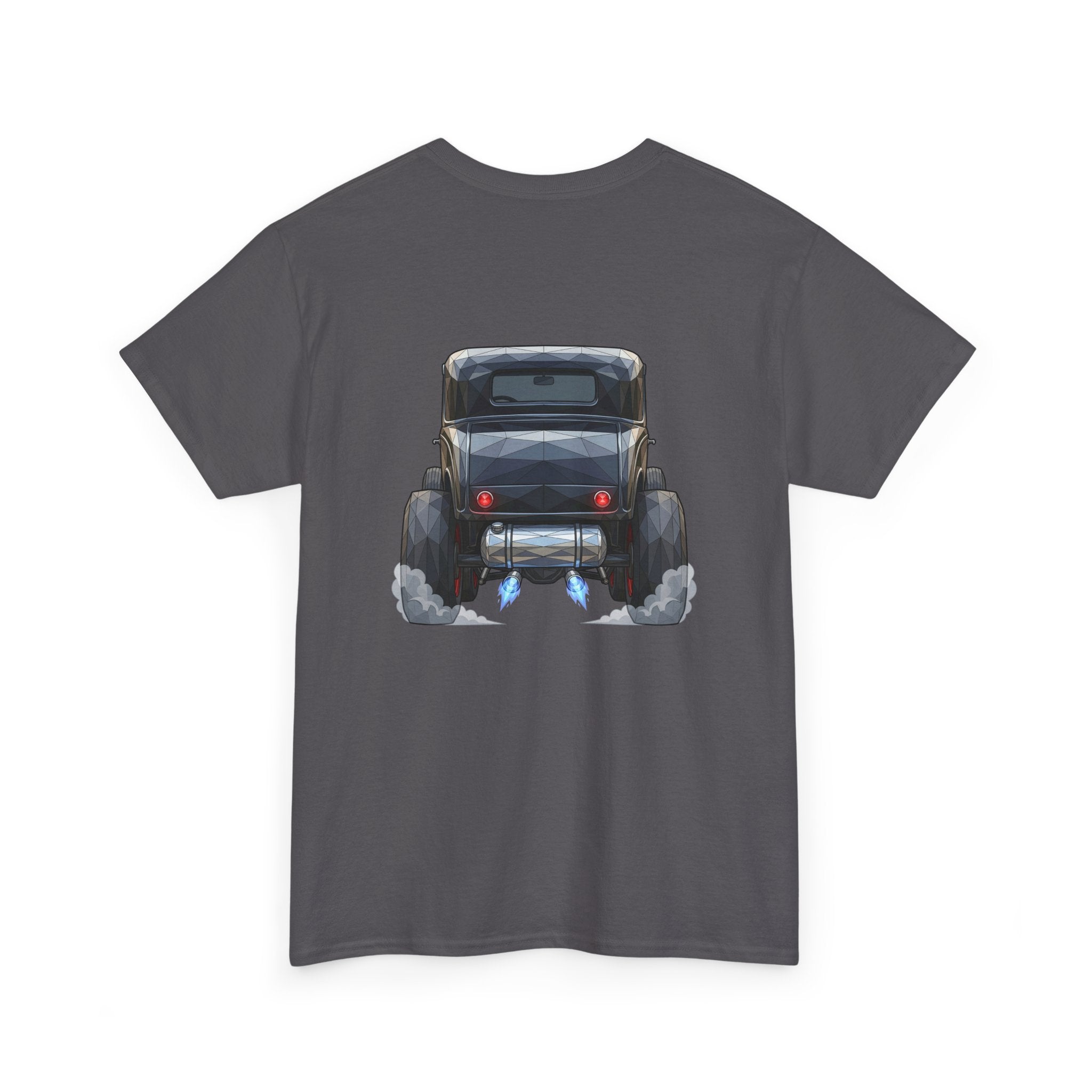 Charcoal graphic T-shirt with vintage hot rod front and rear illustration and smoke
