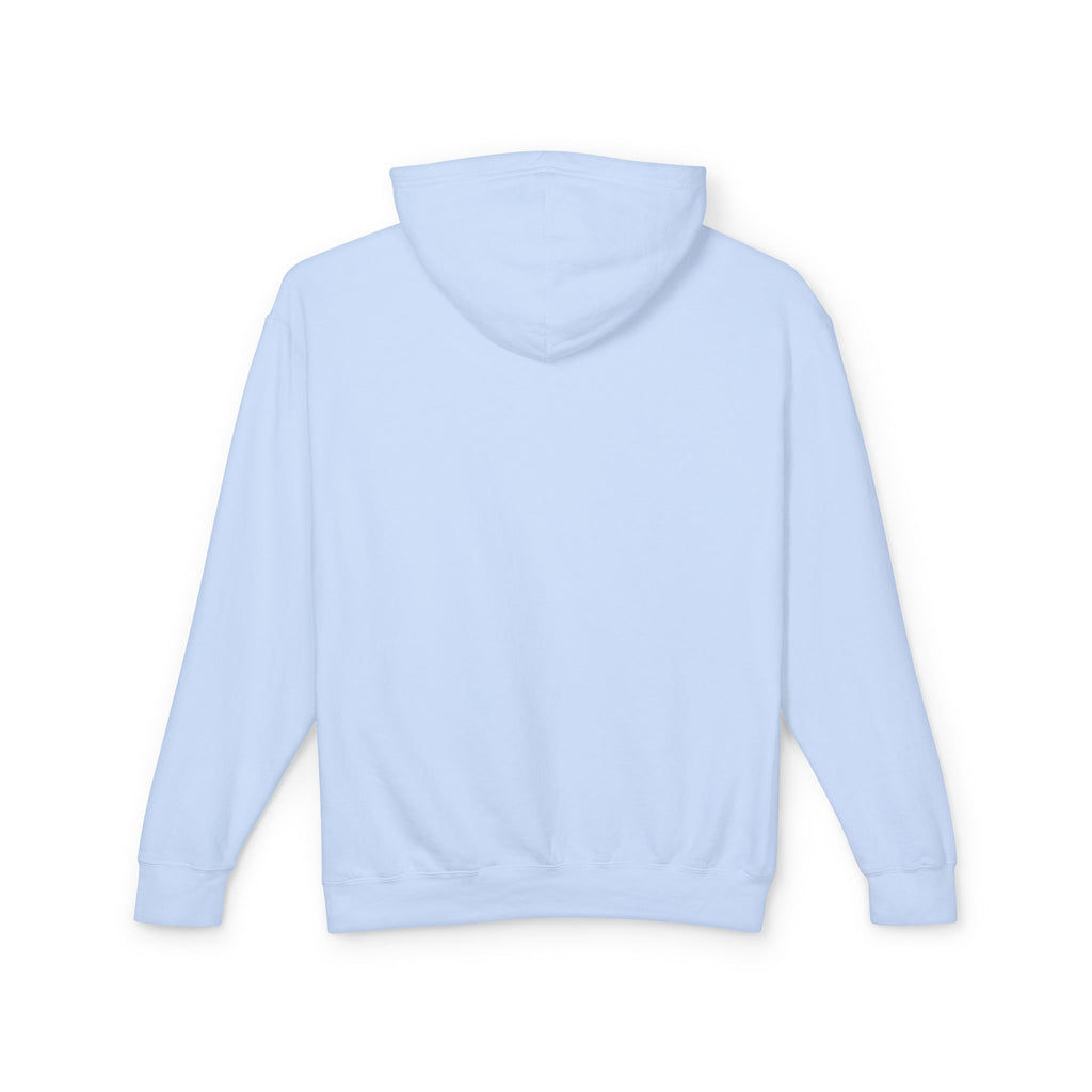 Light blue pullover hoodie with drawstring hood and front kangaroo pocket, no visible print.