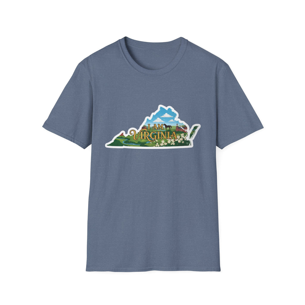 Heather Indigo t-shirt with “I AM VIRGINIA” scenic state outline graphic