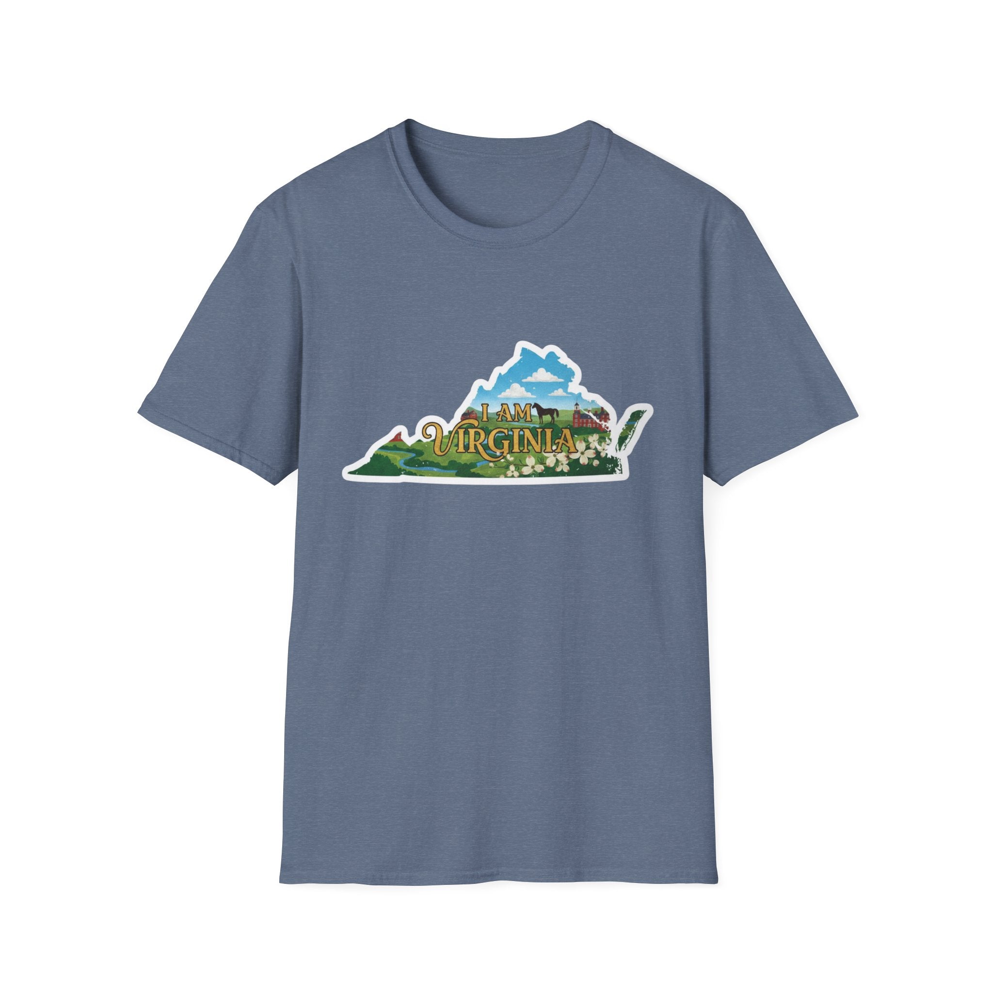 Heather Indigo t-shirt with “I AM VIRGINIA” scenic state outline graphic