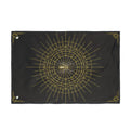 Black Halloween spider web banner with gold mandala design and corner star accents