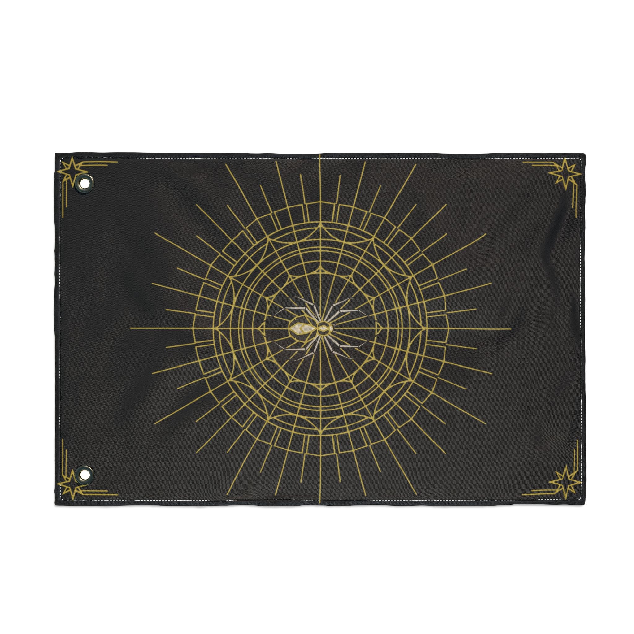 Black Halloween spider web banner with gold mandala design and corner star accents